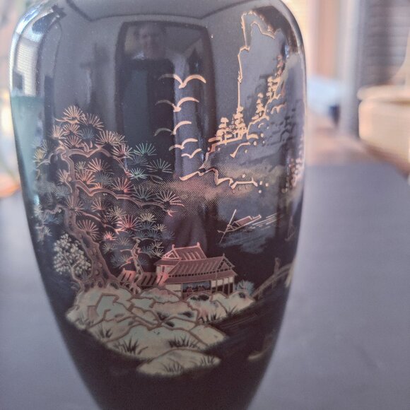 Imari Other - Black Glossy Imari Vase with Unique Designs, House, Mountains, Snow & Boats